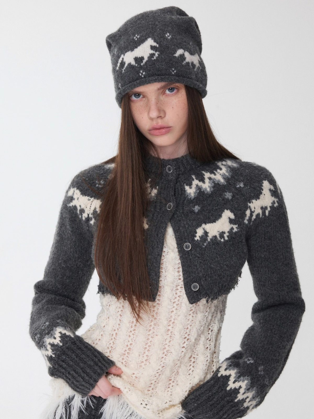 Fair Isle Pony Jacquard Knit Short Cardigan &amp; Shorts Set