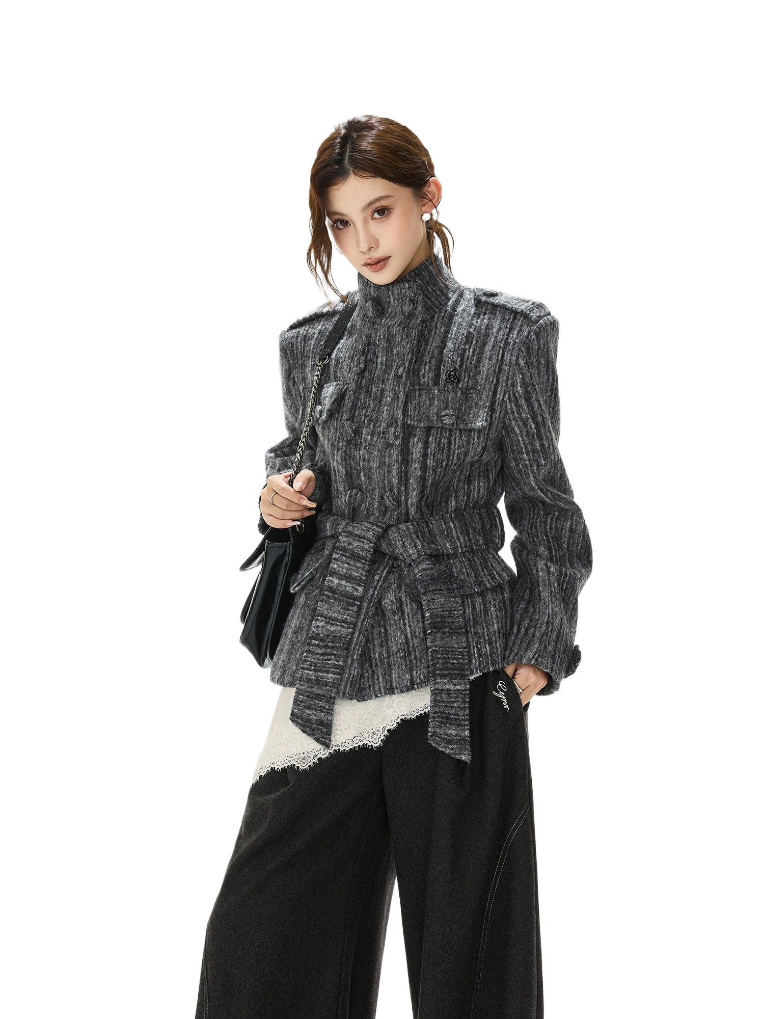 Gray Belted Tweed Coat