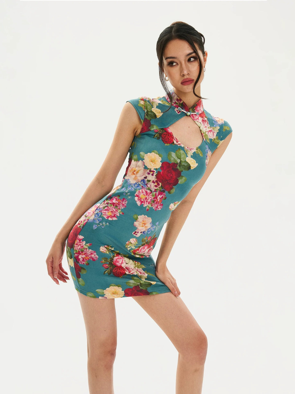 Floral Velvet Mandarin Collar Qipao Dress