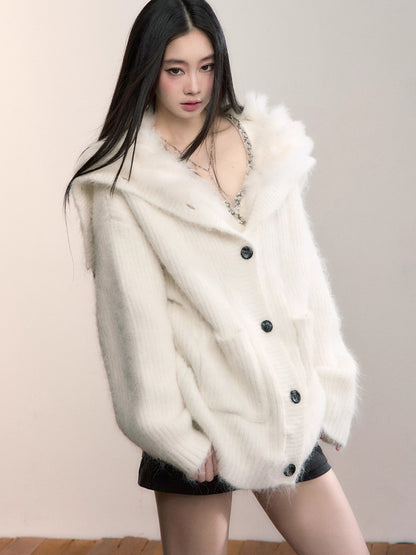 Fox Fur Large Notch Collar Cardigan
