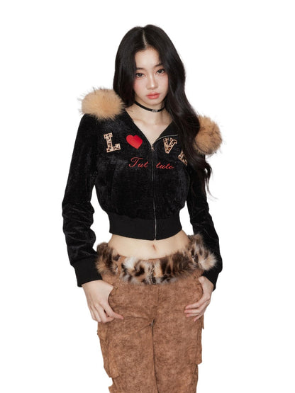 Leopard Print Embroidered Hooded Sweatshirt &amp; Pant Set