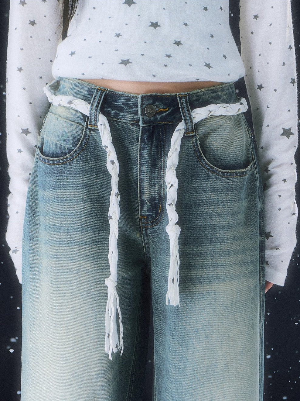 Vintage Star Tie Straight-Leg Denim Pants