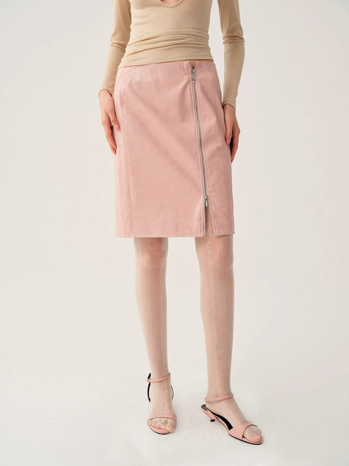 Pink PU Leather Zip Skirt