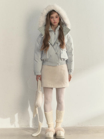 “Flowing Glacier” Patchwork Down Jacket with Fur Collar