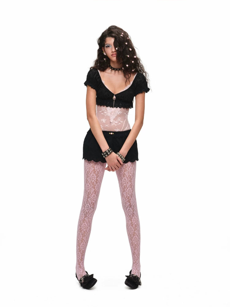 Jacquard Puff Sleeve Crop Top
