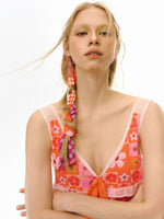 Orange Plaid Floral Ribbon Scarf