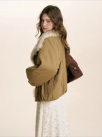 Khaki Shearling Collar Parka Jacket