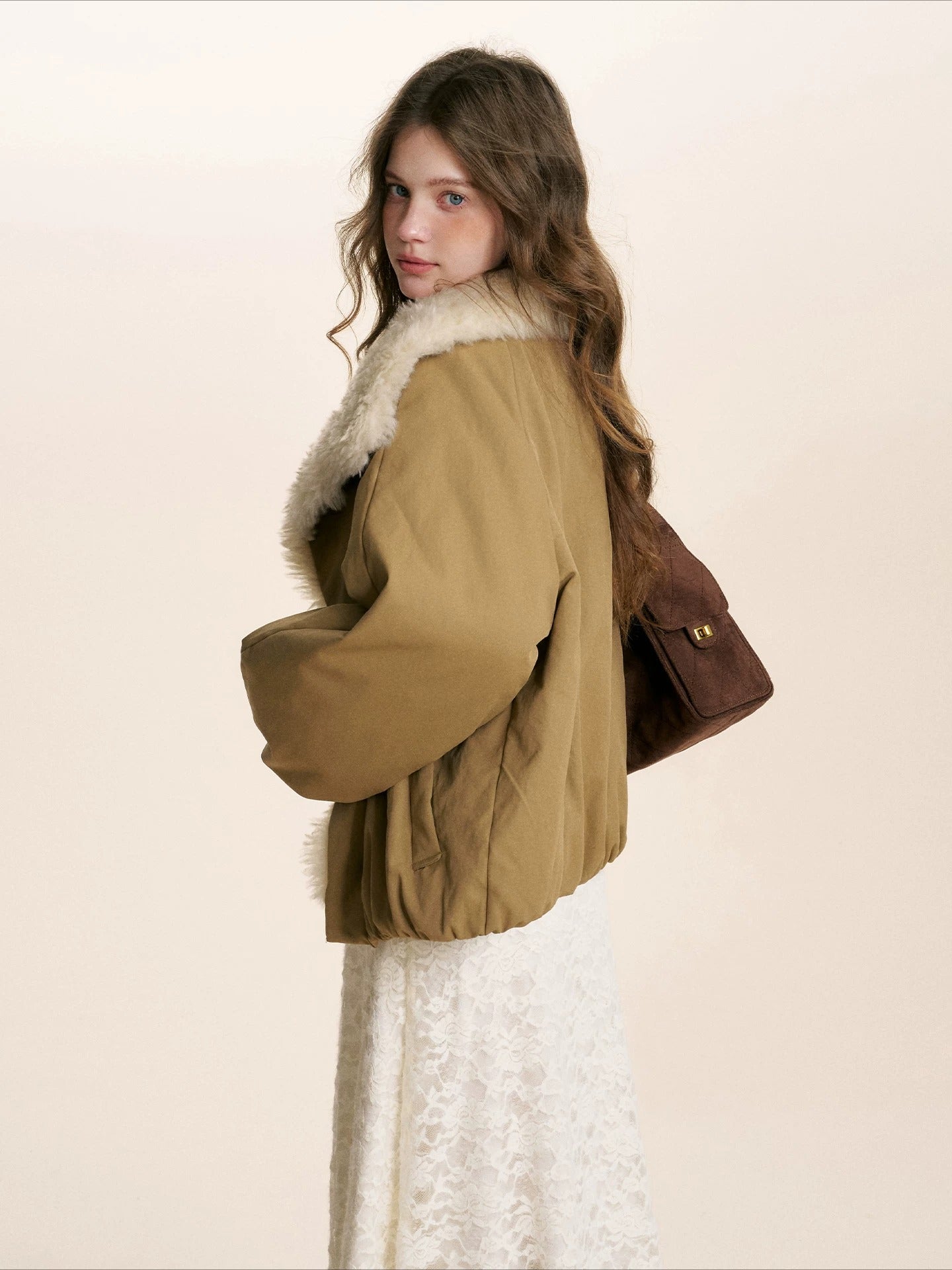 Khaki Shearling Collar Parka Jacket