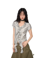 Plaid Ruffle V-Neck Shirt