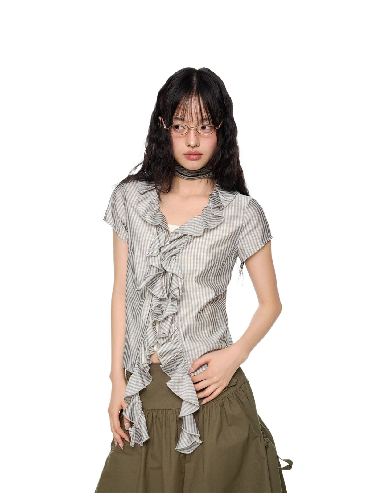 Plaid Ruffle V-Neck Shirt