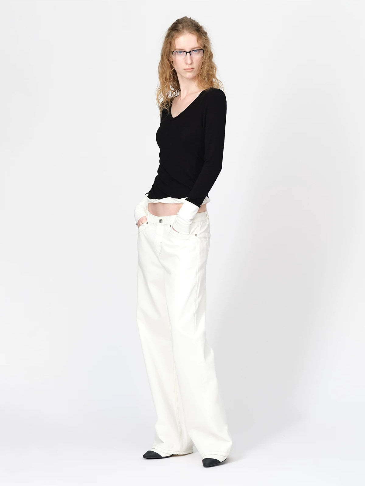 Wool Contrast V Neck Ruched Top