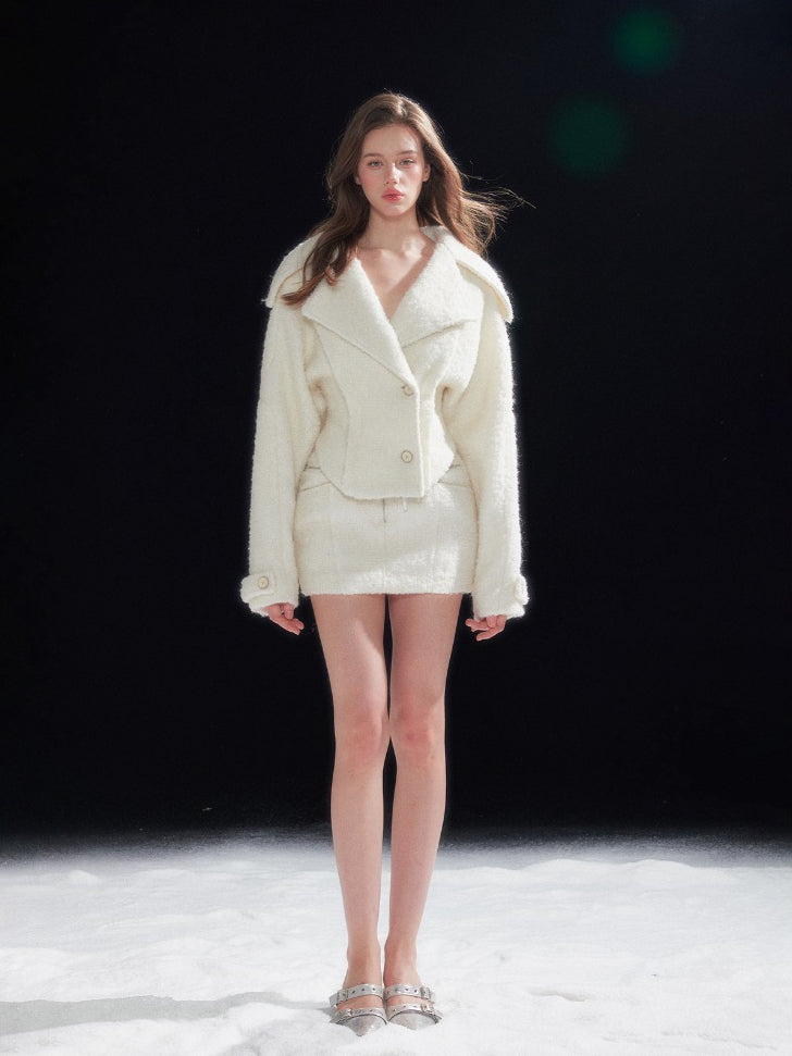 Shearling Collar Waist-Cinching Coat &amp; Wool Skirt Set