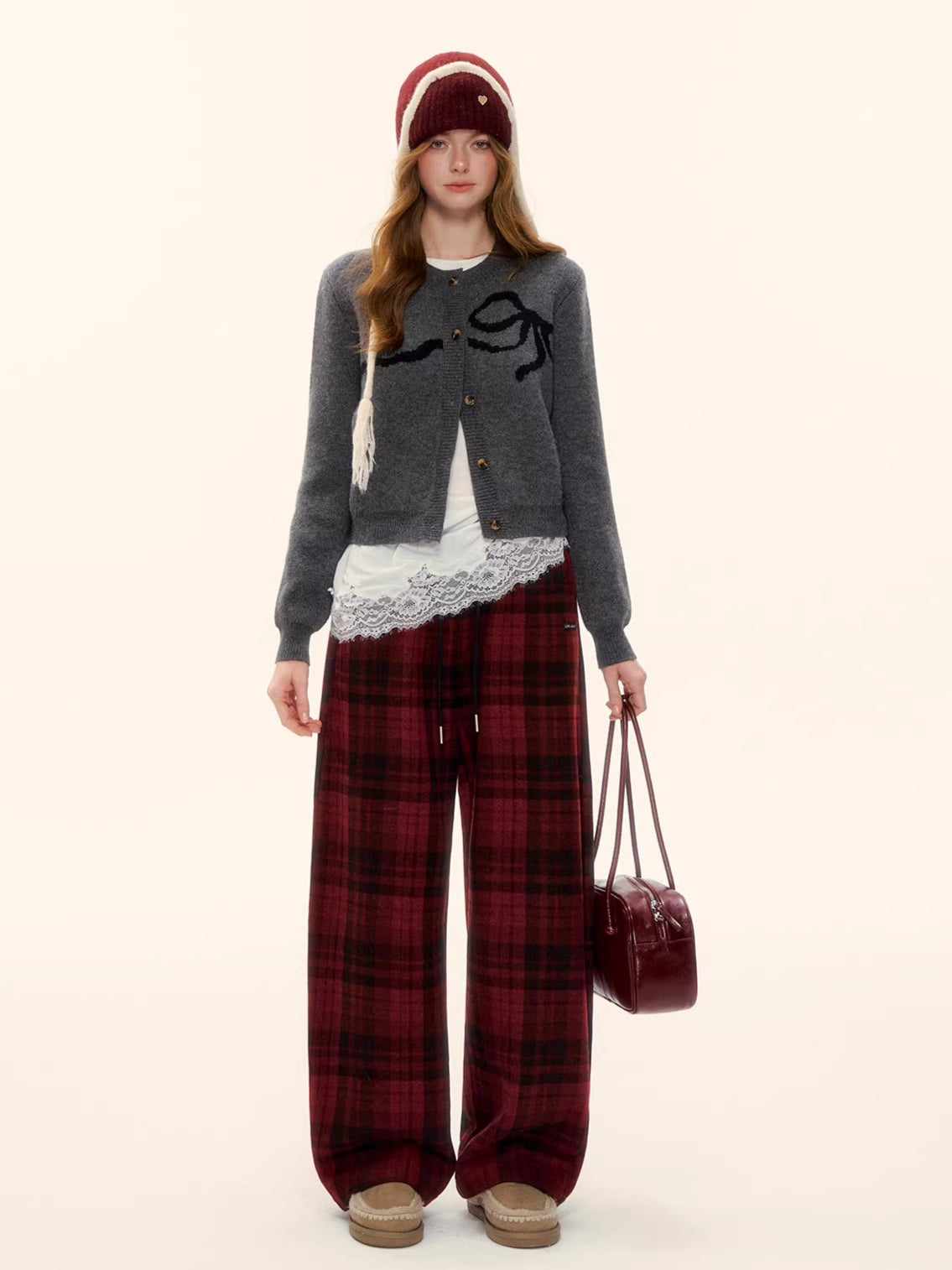 Bow Jacquard Crewneck Knit Cardigan