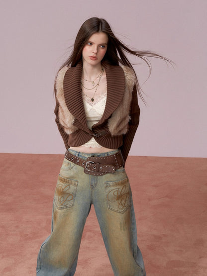 Faux Fur Panel Knitted Short Jacket