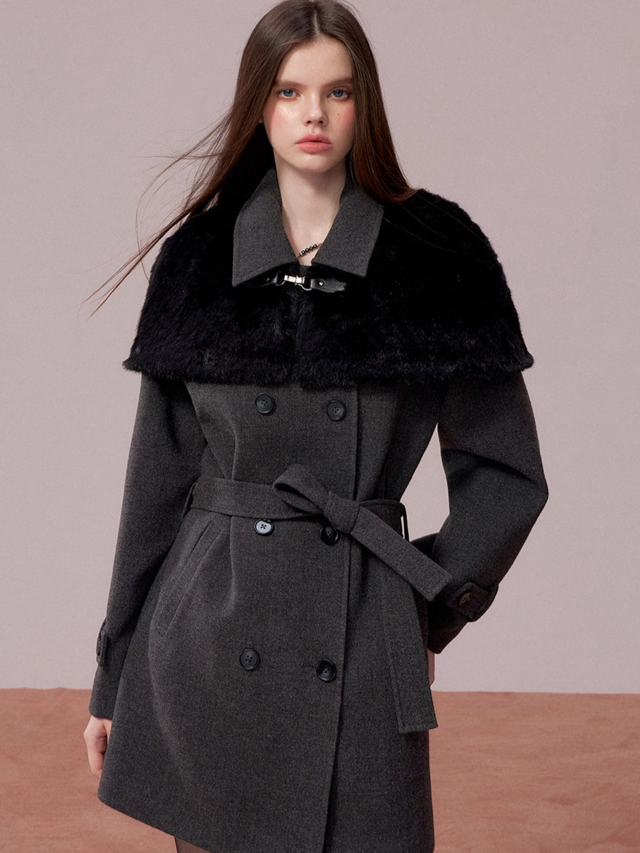 Fur Collar Cape-Style Wool Coat