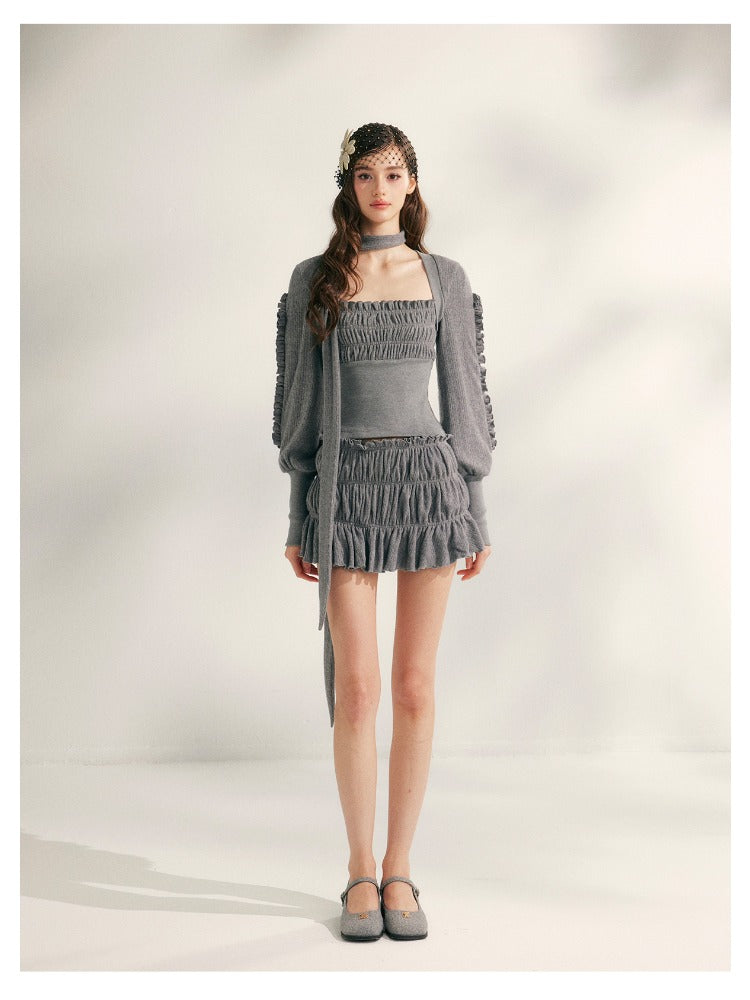 Pleated Ruffle Knit Top &amp; Skirt Set