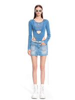 "Caracal Series" Washed Crinkle Denim Mesh Bodysuit