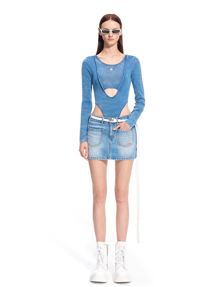 "Caracal Series" Washed Crinkle Denim Mesh Bodysuit
