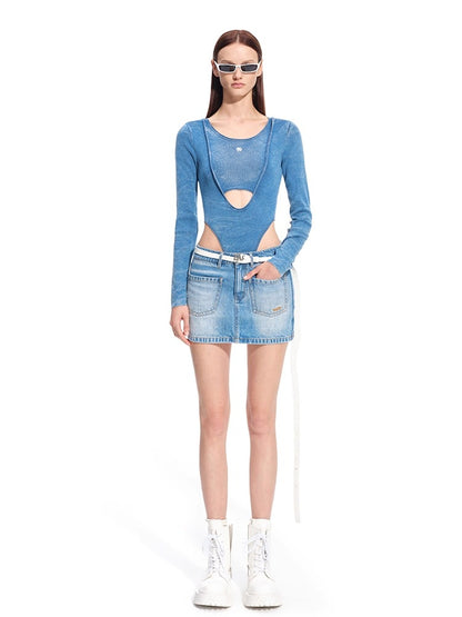 &quot;Caracal Series&quot; Washed Crinkle Denim Mesh Bodysuit