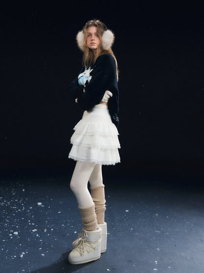 Lace-Panel Velvety Tiered Skirt