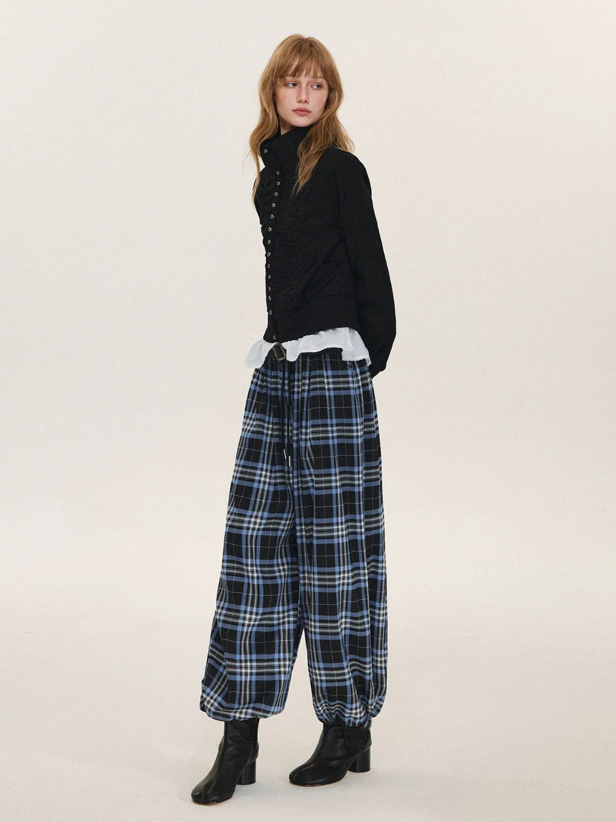 Vintage Plaid Drawstring Balloon Pants