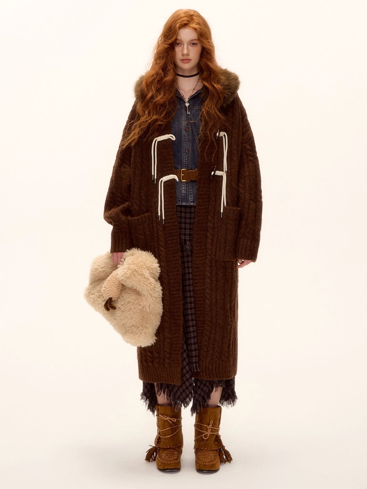 Detachable Fur Collar Cable-Knit Long Cardigan