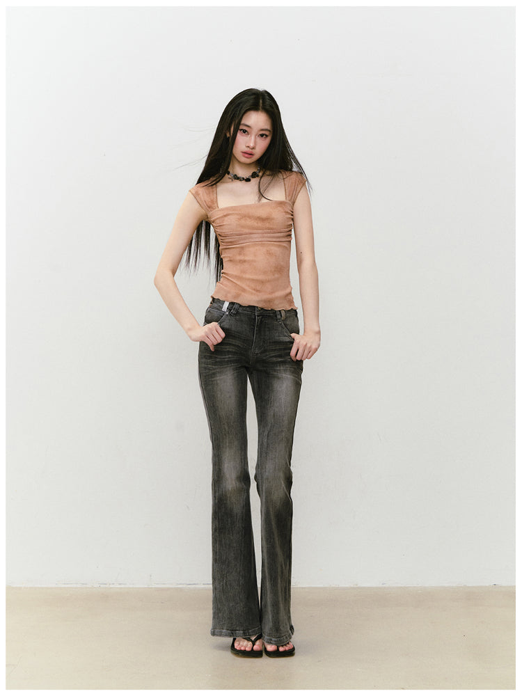 Color-Block Washed Flared Jeans