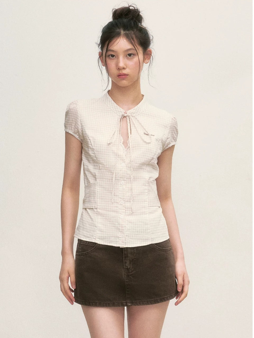 Apricot Plaid Tie-Neck Blouse