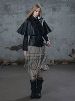 Detachable Cape Belted Leather Jacket
