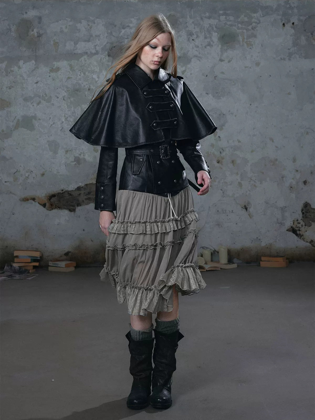 Detachable Cape Belted Leather Jacket