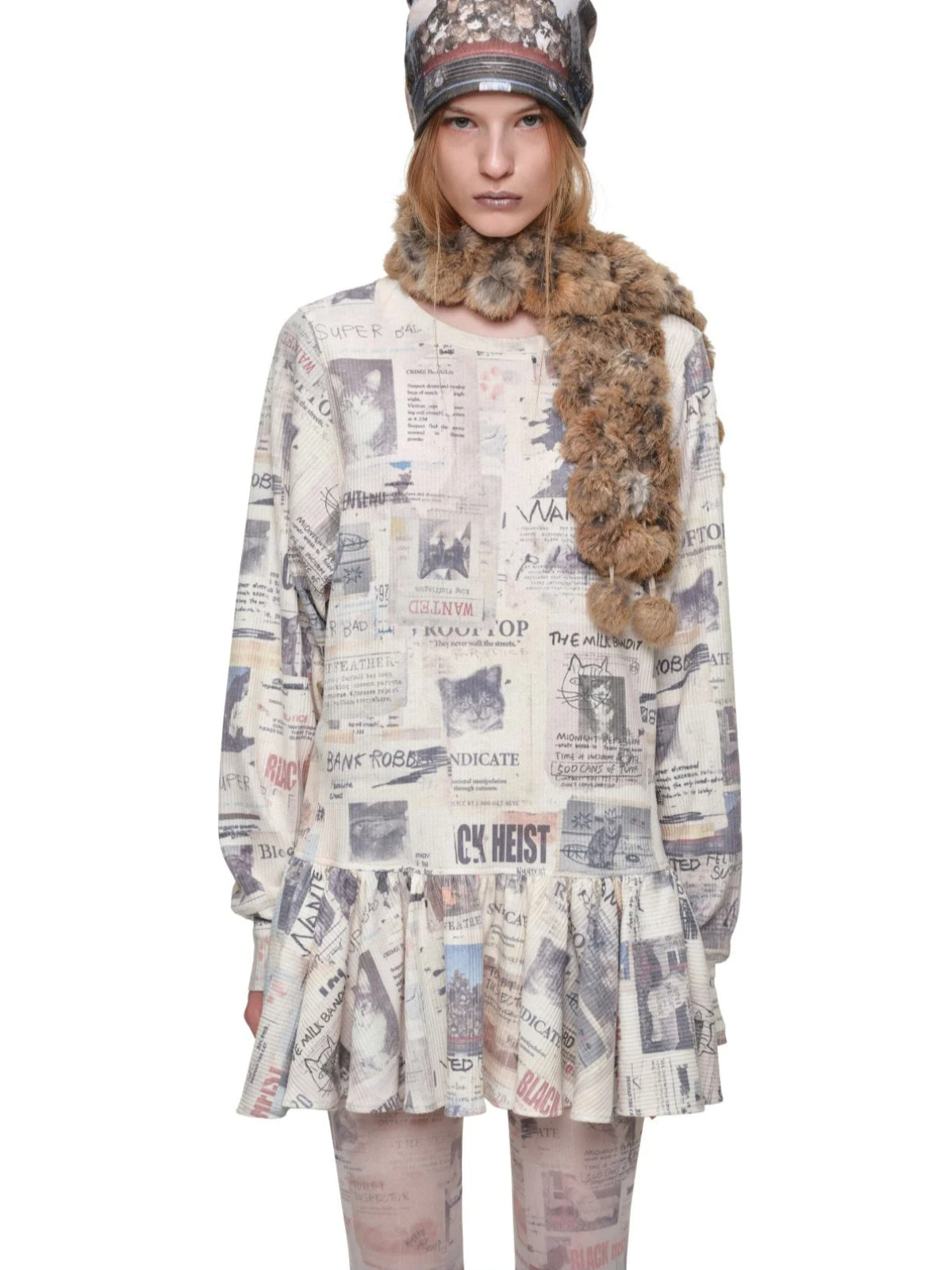 Cat Newspaper Ruffle Waffle Dress