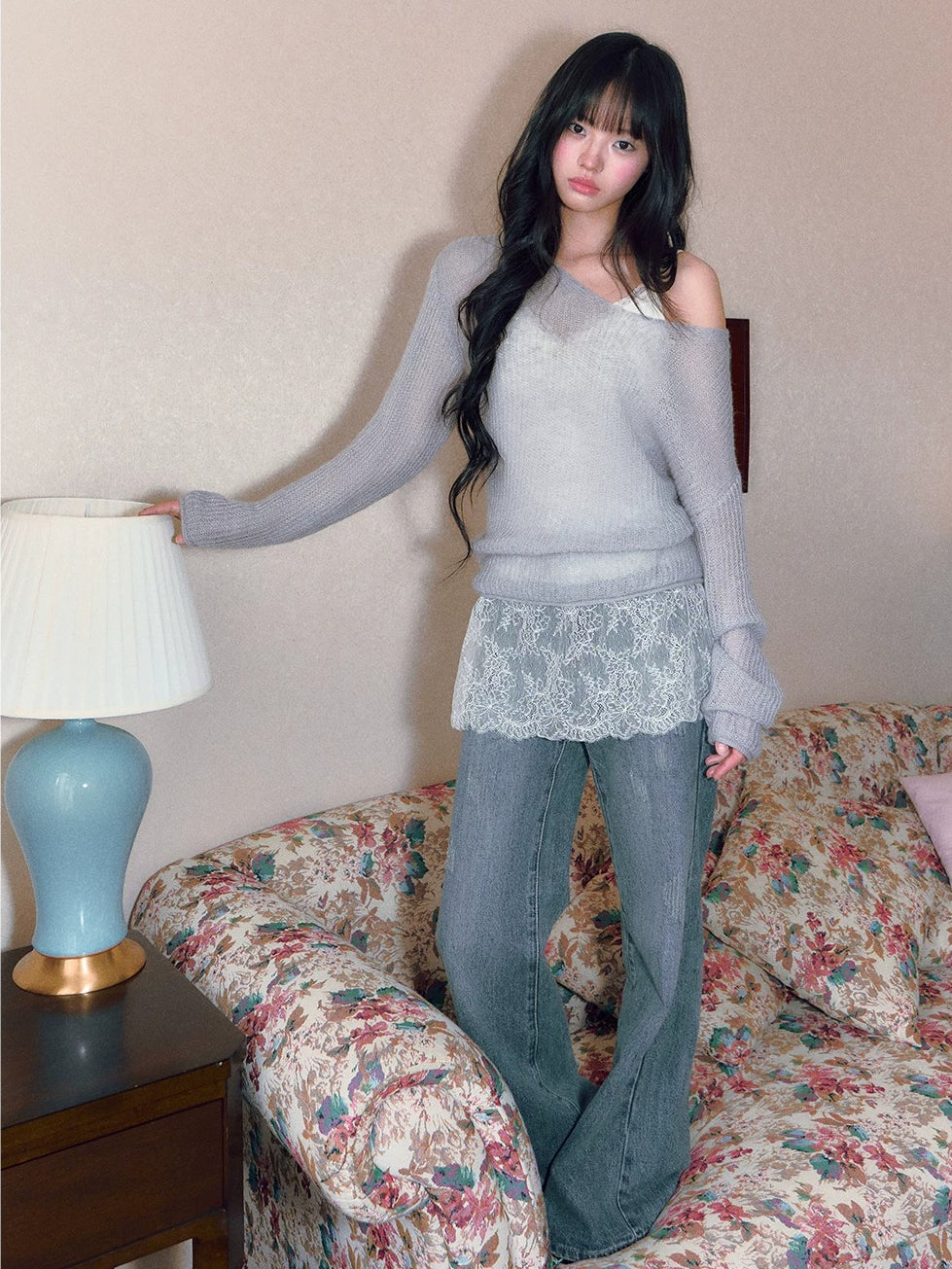 Asymmetric V-Neck Knit Top