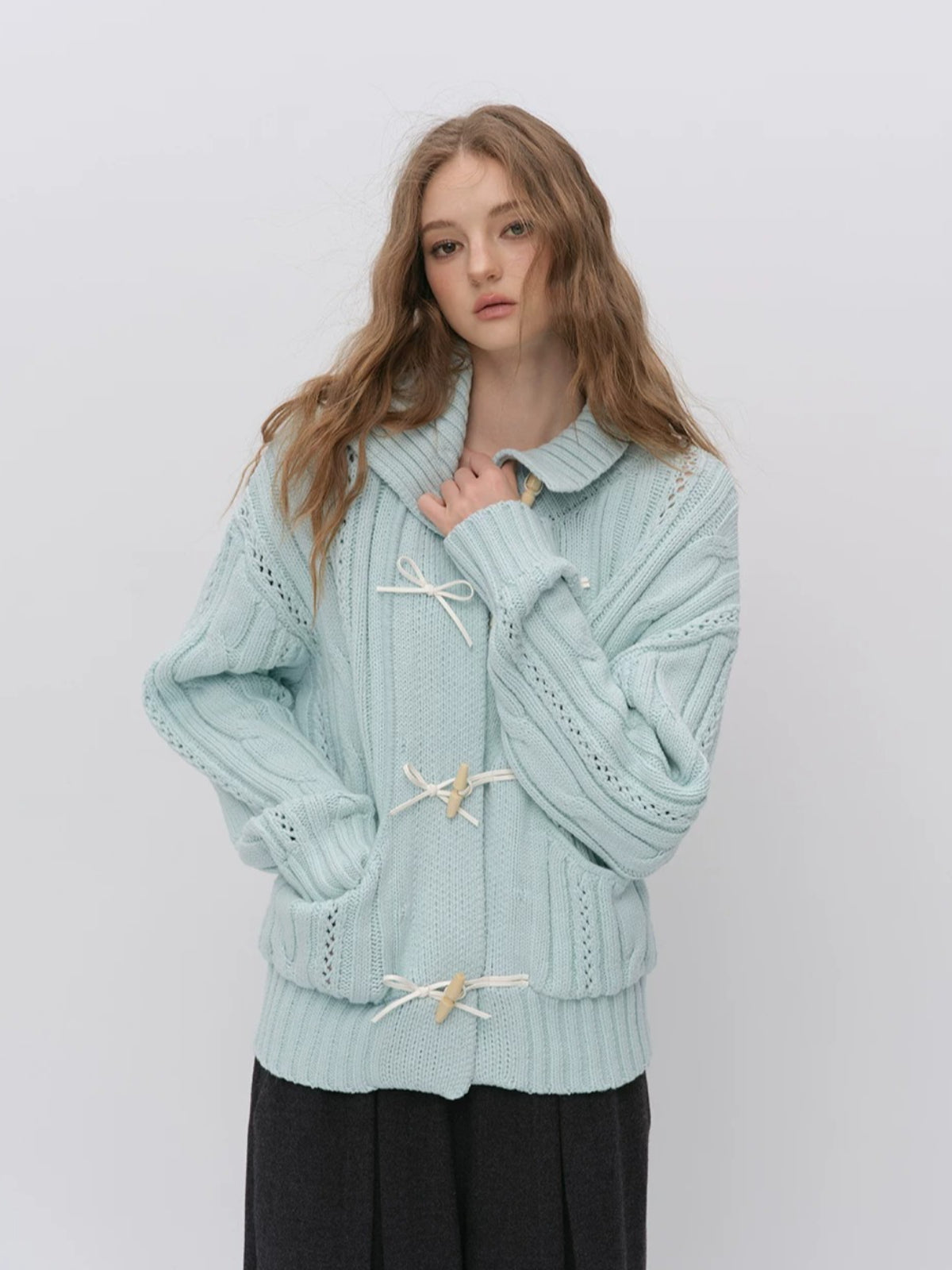 Chunky Cable Knit Bow Cardigan