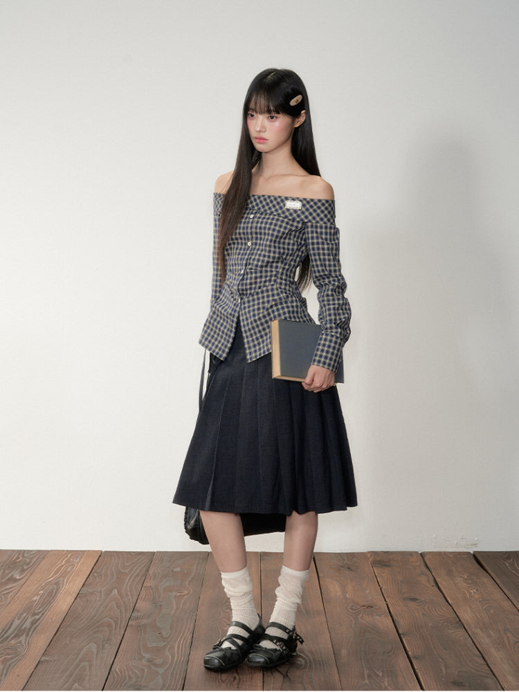 One-Shoulder Waist-Cinching Checked Shirt