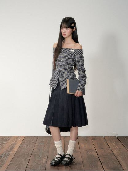 One-Shoulder Waist-Cinching Checked Shirt