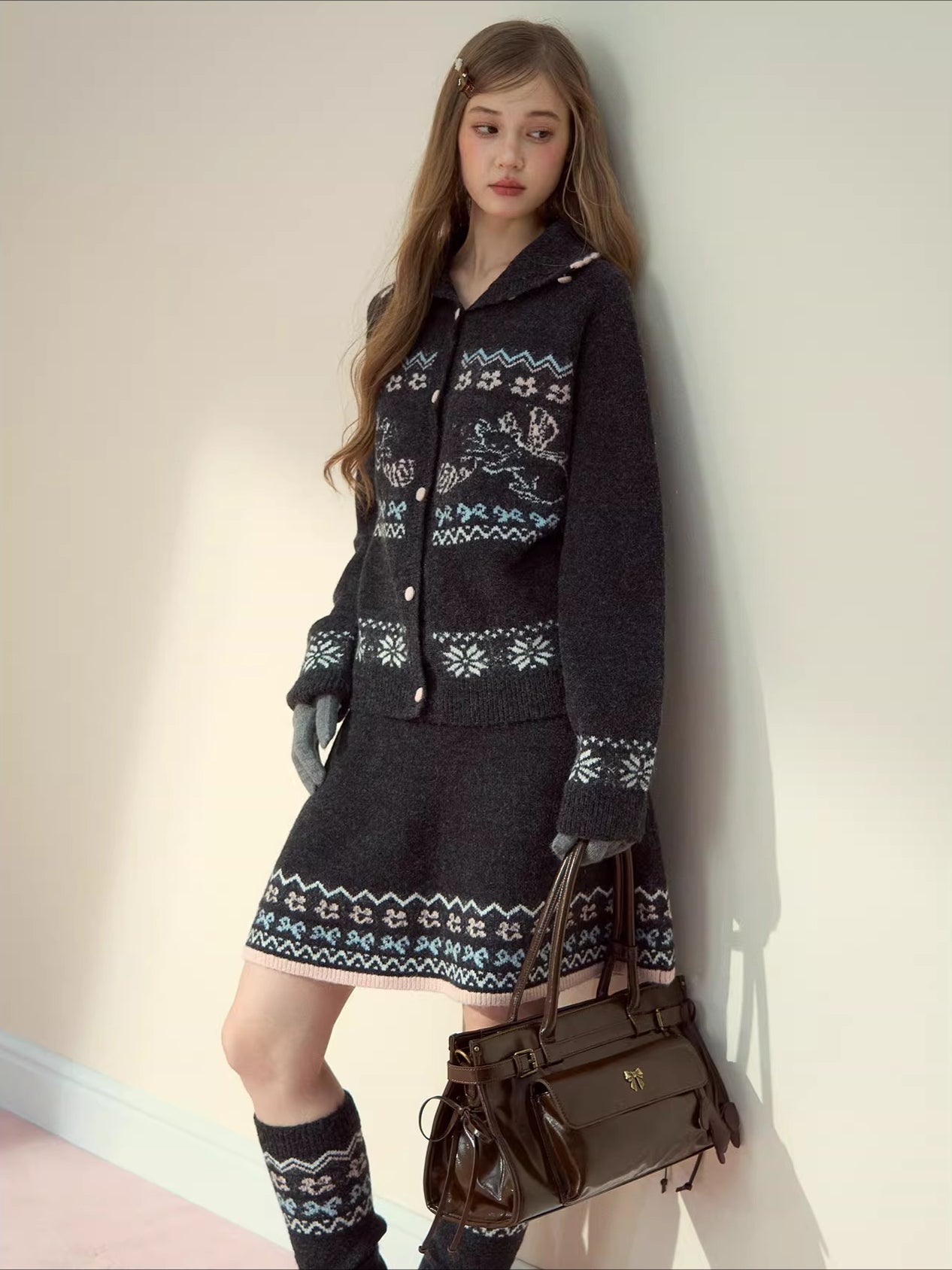 Gray &amp; Off-white Fair Isle Cat Knit Set