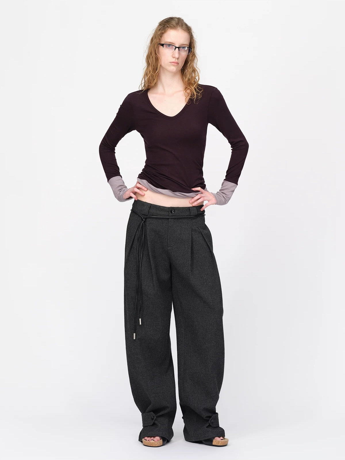 Wool Contrast V Neck Ruched Top
