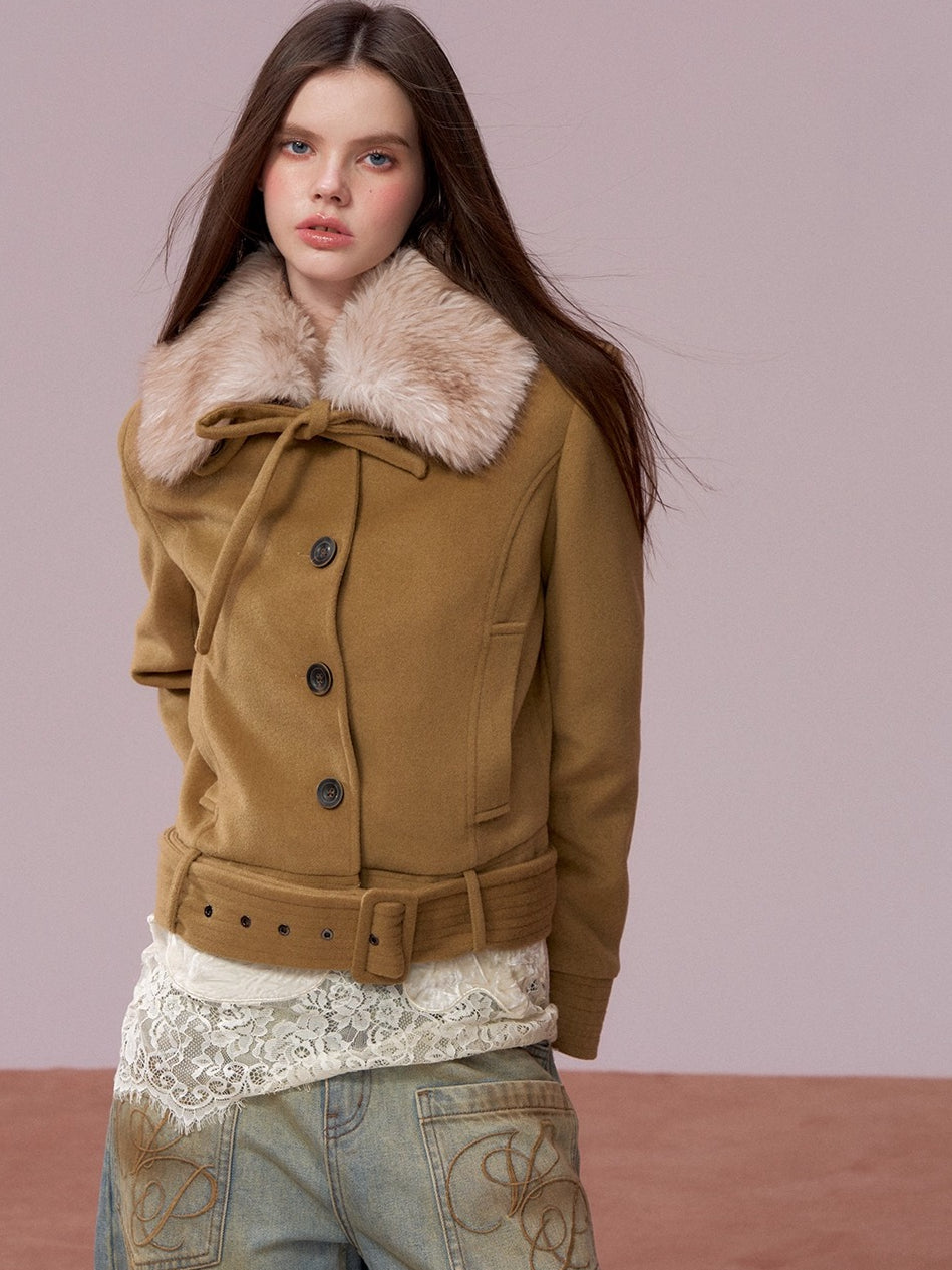 Faux Fur Collar Removable Belted Jacket
