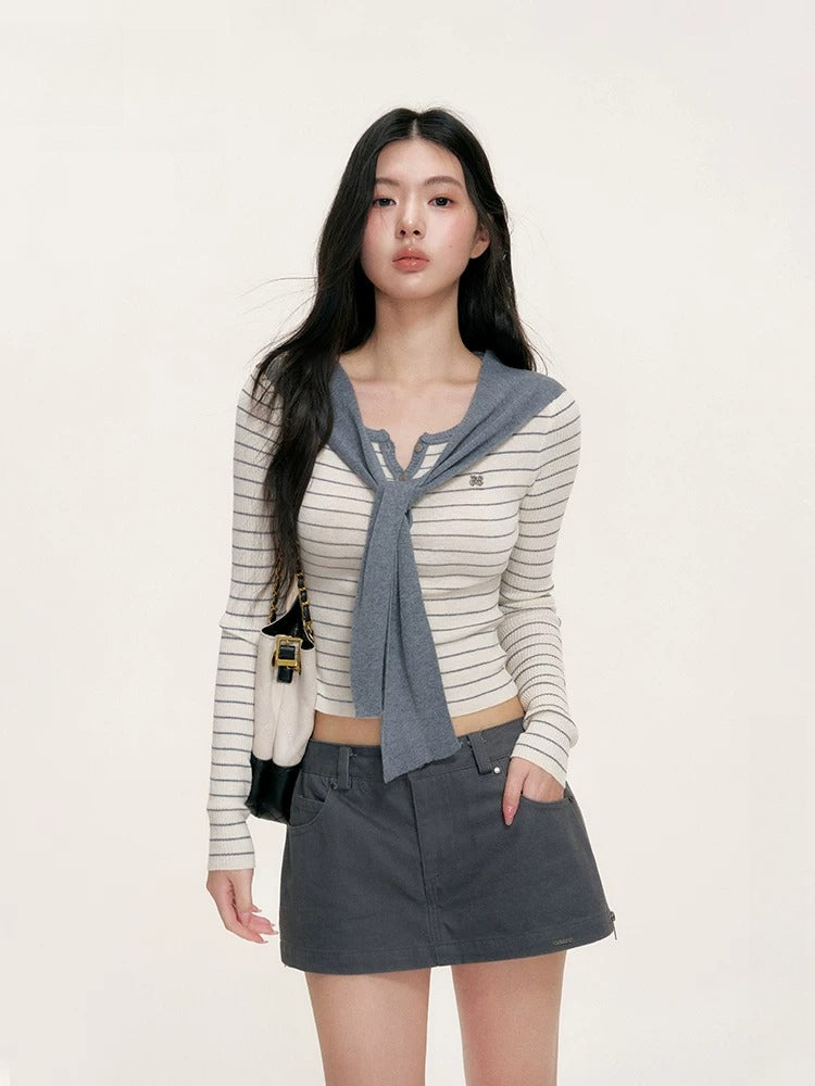 Striped Shawl Collar Knit Top