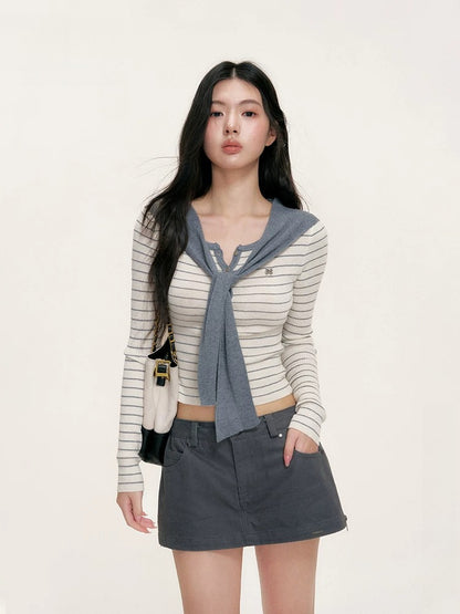 Striped Shawl Collar Knit Top