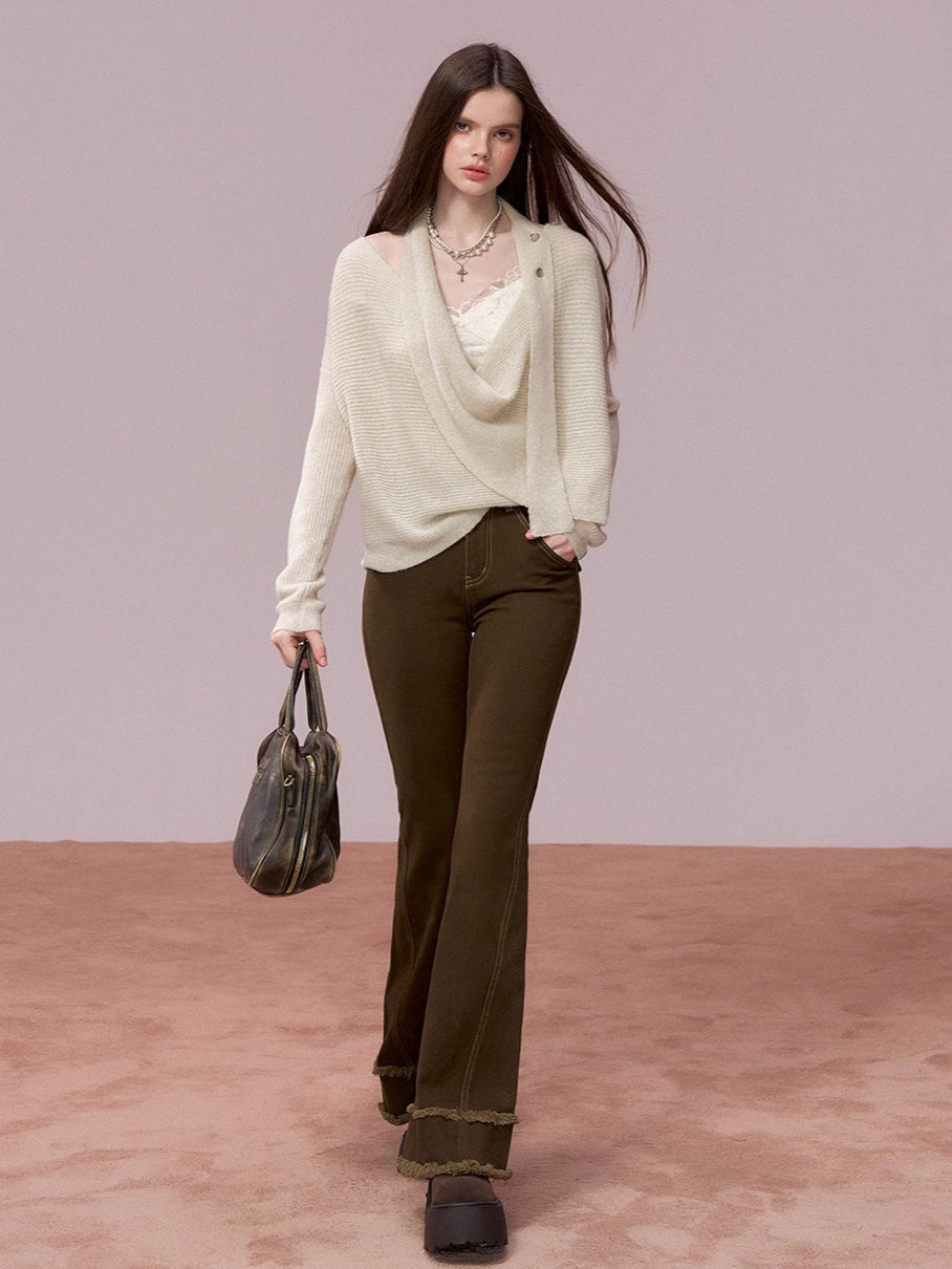 Ripped Hem Fitted Flared Denim Jeans