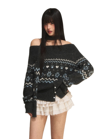 Gray Fair Isle Off-Shoulder Knit Sweater