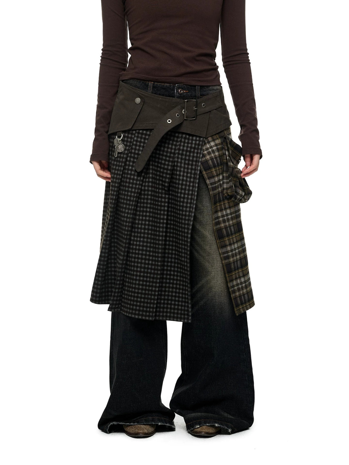Plaid Panel Utility Midi Skirt