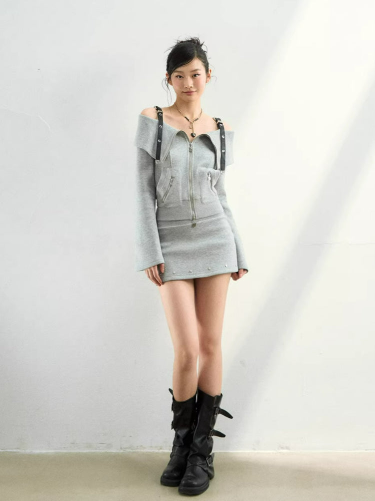 Off-Shoulder Sweatshirt Studded Skirt Set