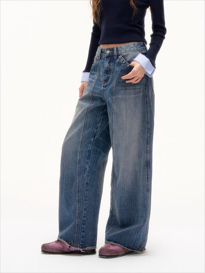Blue Vintage Studded Wide-Leg Jeans