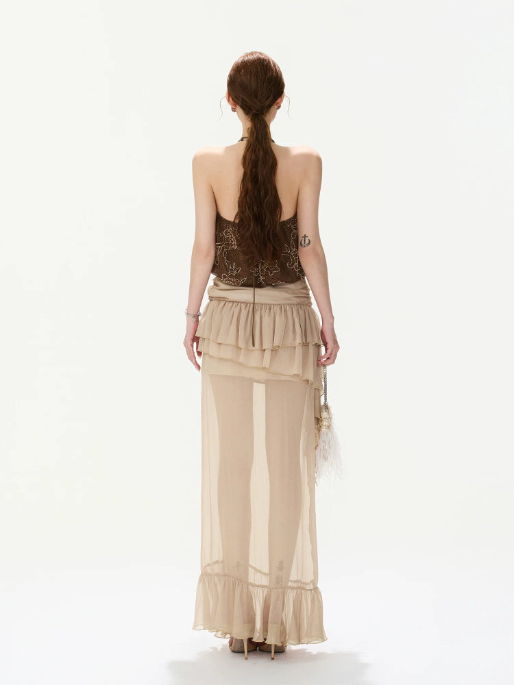 Bow-Waist Ruffle Maxi Skirt