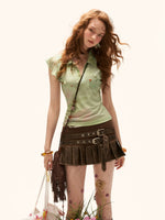 Distressed Low-Rise Pleated Mini Skirt