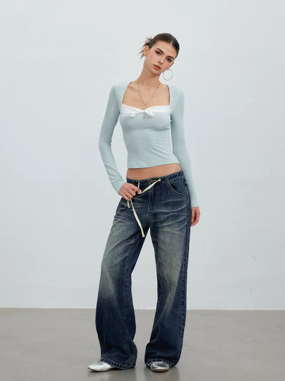 Ombré Whisker Drawstring Straight Jeans