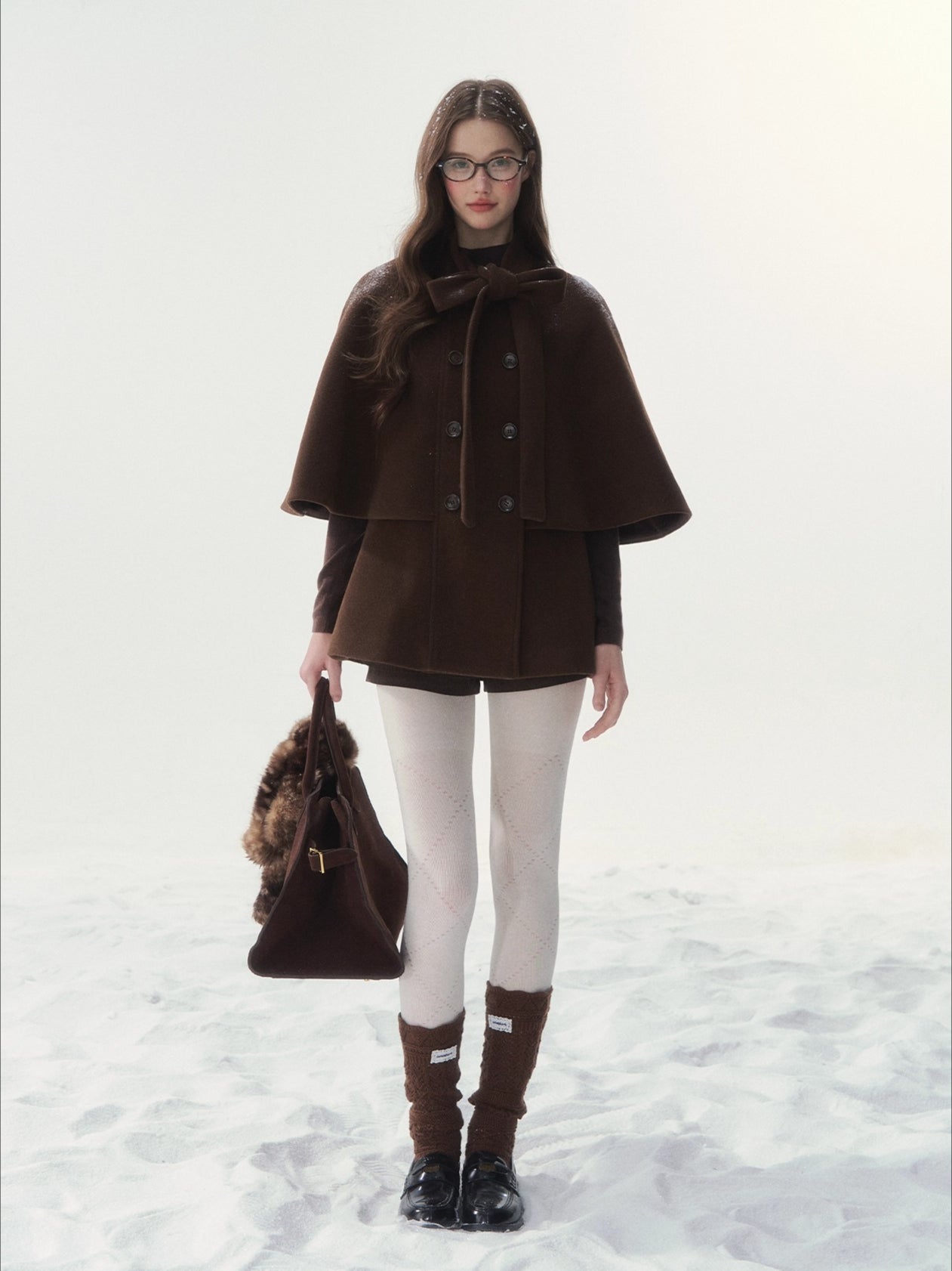 Brown Bow-Tie Double-Breasted Cape Coat