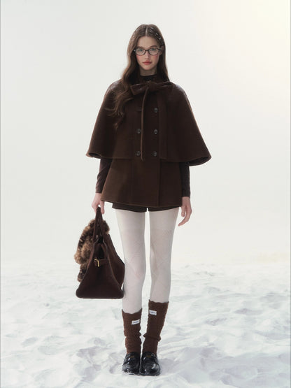 Brown Bow-Tie Double-Breasted Cape Coat